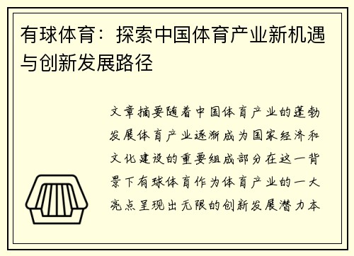 有球体育：探索中国体育产业新机遇与创新发展路径